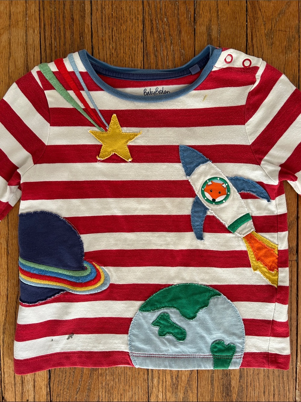 Baby Boden Red & White Striped Tee with Space Appliqués (2-3Y)